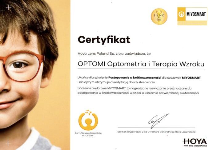 Dyplom potwierdzający spełenie wymagań przez zakład optycznych związanych ze sprzedażą soczewek MiyoSmart w optyku Optomi we wrocławiu
